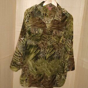 Sunny Leigh Womens Sheer Tan Brown Animal Print Tunic Blouse Medium